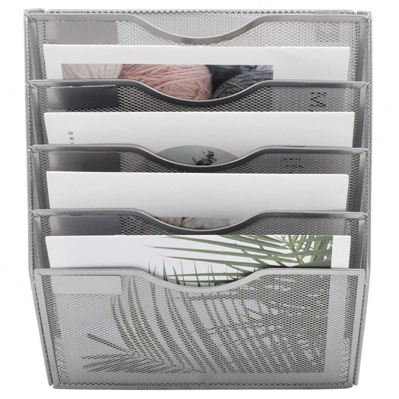 EASEPRES 5 Pocket Mesh Hanging Wall File Organizer, Wall Mounted Mail Paper Document Folder Holder, Clipboard Storage Organization Magazine Rack with Nametag Label for Office Home School, Silver - Image 3